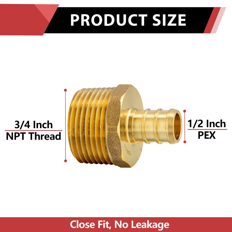 EFIELD (Pack of 5) EFIELD Pex 1/2 Inch x 3/4 Inch NPT Male Adapter Brass Crimp Fittings,ASTM F1807,(PEX1807024) - Image 2